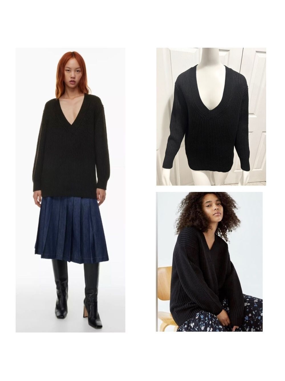 Aritzia Babaton Roger V-Neck Merino Wool Sweater Black Oversized Size XS